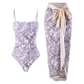 Three-piece bikini set featuring purple dragonfly floral print and a wrap sarong skirt - S / Purple Butterfly Series