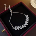 Elegant silver leaf bracelet with marquise zircons and adjustable slider clasp in a box - Silver