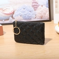 Compact black quilted PU leather coin purse with golden zipper and keyring attachment - Black