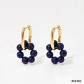 Golden U-shape earrings with blue natural stone beaded flower charms in vintage style - 14K Gold Plated Lapis Lazuli (KDE602)