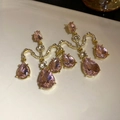Elegant pink teardrop chandelier earrings with gold plating and rhinestones - Pink Teardrop Gemstone Style (No. 44 Silver Earring Post - Gold Tone - Pink)