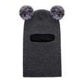 Dark grey knitted baby balaclava with two fluffy pom-poms and integrated neck warmer - Dark Gray