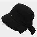 Elegant black bucket hat with large bow and metal logo on textured woven fabric - M (56-58cm) / Black