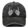 Vintage Baseballkappe aus gewaschener Baumwolle mit weißer Totenkopf-Hand-Stickerei - Schwarz
