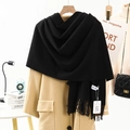 Classic black knitted cashmere-feel scarf with fringe tassels shown on a stylish coat - 200*70cm / Fluffy Warm Tassel Style / Black