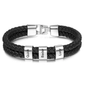 Macro detail of men's double-layer braided leather bracelet with silver custom name charms - 3 Names (Steel Buckle-2) / 19cm