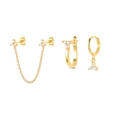 Detail of gold plated earring set featuring sparkling white zircons and chain link design - Gold Zircon Combination Earring Set (#8)
