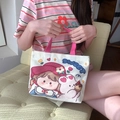 Piccola borsa in tela beige con graziosa stampa di cartoni animati e manici rosa - Sorella coniglio