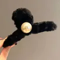 Plush black hair claw clip with vintage style pearl accent for women accessories - Black Large White Pearl Plush Claw Clip 11cm