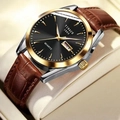 Men's quartz watch with black dial, gold bezel and brown leather strap in a gift box - Two-tone Case Black Dial Brown Leather Strap