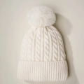Gorro de punto trenzado blanco crema con pompón grande para calidez invernal al aire libre - Blanco