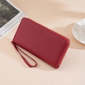 Red lychee textured leather long wallet for women with wrist strap and metal zipper - Litchi Pattern Long Wine Red