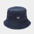 Close-up of crown embroidery on washed denim bucket hat with metal eyelets detail - M (56-58cm) / Navy Blue