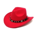 Dettaglio di cappello da cowboy in lana rossa con fascia in pelle nera e perle turchesi - M (56-58cm) / Rosso