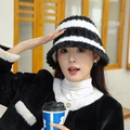 Winter plush bucket hat with black and white stripes and warm fleece material - Striped Fisherman-Black