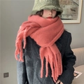 Thick coral orange winter scarf with long tassels and warm mohair texture for women - Deep Pink