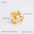 18K gold plated flower ring with textured petals and center pearl detail - Adjustable Open / Hammered Gold Flower Large Pearl Style (JZ21204)