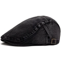 Adjustable dark gray washed denim flat cap for men and women with vintage metal buckle - Adjustable / Black