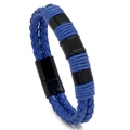 Navy blue woven leather bracelet for men with black magnetic clasp and metal rings - Blue