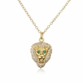Collana con ciondolo testa di leone placcata oro con zirconi e occhi di gemma verde - Testa di Leone (22029) / Oro