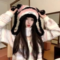 Pink black white striped plush knit earflap hat with cute bear ears for winter warm - Gradient Stripe Plush Cat Ear Hat (Black) / Black