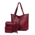 Three-piece vintage dark red tote bag set featuring lychee pattern PU leather - Burgundy