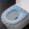 Thick knitted toilet seat cover with blue and grey stripes for warm winter use - Grey + Blue