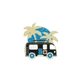 Detailed close-up of a blue camper van enamel pin with palm trees and golden edges - Blue Black Camping Van (XZ2969)