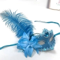 Elegant blue feather party mask with sequins and satin flower for costume events - Blue