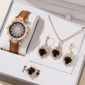 Elegant rose gold watch and black heart jewelry set with lotus pattern dial and leather strap - 5-Piece Set (No Box) / Brown Heart Set