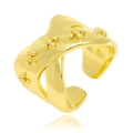 Crossed 18K gold plated ring with floral bead patterns and adjustable open design - Floral Cross (J-1128)
