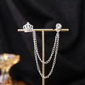 Silver crown brooch with rhinestones and double tassel chains on display stand - Small Crown (TL0080) / Silver