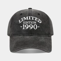 Detailed view of white embroidery on a vintage charcoal washed cotton baseball cap - 1990 Black