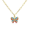 Collana a catena paperclip placcata oro 18K con pendente a farfalla in smalto colorato - Farfalla rossa e blu