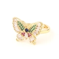 Squisito anello a farfalla dorato con zirconi multicolore e dettagli traforati - Farfalla di Zirconia Verde Rosso Blu Scuro Bianco / Colore Sfumato 2