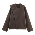 Dark coffee asymmetrical knit sweater with thick wool texture in a loose long-sleeve fit - S / Brown