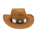 Western straw cowboy hat in tan with bohemian turquoise and beaded decorative band - One Size (New Hollow) / Khaki (White Strip Blue Bead)