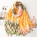 Lightweight scarf with green and yellow wave print and fringe trim for summer - Yellow Green & Pink Wave Print (SL2302-003)
