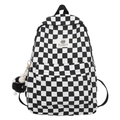 Mochila de moda a cuadros blancos y negros con un llavero decorativo de pompón - Bolso Individual / Negro