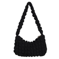 Minimalist black popcorn textured hobo shoulder bag with pleated fabric and zipper - Black