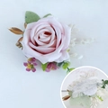 Elegant pink artificial rose wrist corsage with golden leaves and lace band - Wrist Corsage / Light Pink