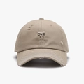 Distressed beige baseball cap with vintage silver metal bow accessory and ripped detail - Adjustable / Khaki