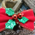 Red velvet Christmas bow with green glitter leaves and berries for pet gift boxes - Style 39-Red Velvet Green Leaf Berry