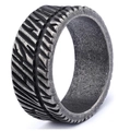 Detailed view of wide retro silver ring with industrial tire tread texture and oxidized finish - Tire Tread Style (14302)