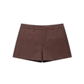 Minimalist dark brown tailored shorts in a flat lay view on a clean white background - XS / Shorts