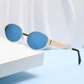 Retro oval sunglasses with golden metal frame and blue lenses for street style photography - Gold Frame Blue Lenses