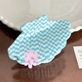 Blue and white checkered shell hair claw with pink rhinestone flower accents - Blue-9cm
