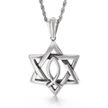 Zilveren vrijmetselaar ster en vis hanger aan roestvrijstalen gedraaide ketting - Hexagram Ichthus Vis Stijl (KP56299-BD)