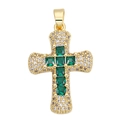 Detailed close-up of golden cross pendant with green stones and sparkling zircon pavé - Gold Cross-Green Gem Center-White Diamond Halo