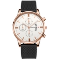 Detail of rose gold GENEVA watch with white dial, chronograph sub-dials and date window - Rose Gold Case White Dial Black Silicone Strap